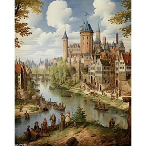 WUIVCTR Medieval Architectural Style Painting by Numbers for Adults DIY Kits, Small Town City, Oil Painting Paint by Number Kits Arts Craft Gifts for Christmas, Birthday, 40x50cm