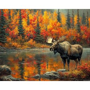 QACEYID Paint by Numbers, Moose Autumn Lake Visit, Adult Crafts Adult Paint by Number Kits, Arts Crafts for Home Decor No Frame, 16x20 Inch