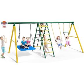 6-in-1 Swing Set for Backyard, Heavy Duty Metal Toddler Outdoor Swing Set Playset, Includes Basketball Hoop, 2 Swings, Trapeze Bar, Climbing Ladder and Nets