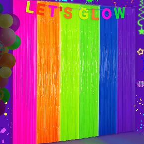 Glow in The Dark Tinsel Curtains 2 Pack - 3.3x6.6ft UV Reactive ‌Fluorescent Party Backdrop for Neon, Birthday, Pride Decorations, Pre-Taped, Lightweight Waterproof