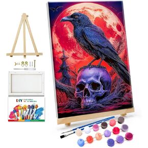 JOOZ Halloween Paint by Numbers Kit for Adults with Frame Skull Paint by Number with Easel Bird Adult Paint by Number Kits DIY Moon Digital Oil Painting Kits for Ideal Gift Home Wall Decor 8x12 Inch