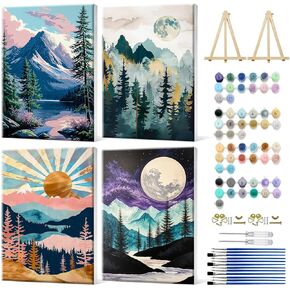 JOOZ 4 Pack Framed Paint by Numbers Kit for Adults, Mountain Paint by Number with Easel, Starry Sky Moon Lake Adult Paint by Number Kits on Canvas, Landscape Oil Painting Kit Framed Canvas 8x12 Inch