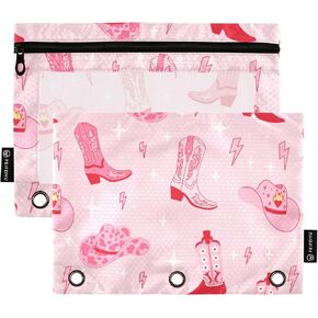 Fisyme Pink Western Cowgirl Boots Pencil Pouch for 3 Ring Binder Pencil Case Pencil Bag Zipper Pouch with Clear Window for Office Supplies, 2 Pack