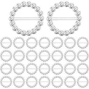 30pcs Small Rhinestone Slide Buckles Sliders 0.75'', Crystal Round Metal Buckle and Webbing Adjuster for Wedding Invitation Ribbon, Party Garment Decoration, DIY Hairpins, Clothes Buttons