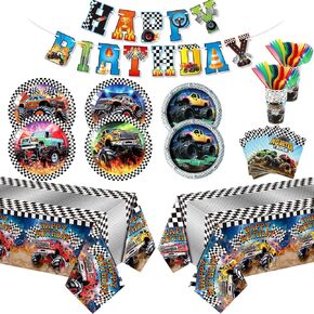 Mifoci 171 Pcs Truck Party Supplies Tableware Kit Include Plates Cups Knives Forks Spoons Napkins Tablecloths and Banner for Monster Truck Party, Racing Car Birthday Decorations Serve 24 Guest