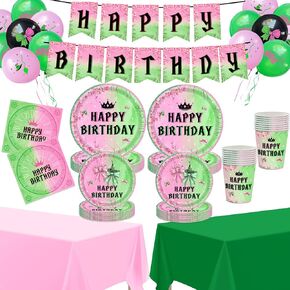 86Pcs Pink and Green Party Decorations Witch Party Tableware Set with Banner ,Plates, Napkins,Cups, Tablecloth, Balloons, for Witch Movie Themed Party Supplies