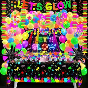 Neon Birthday Party Decoration Glow in The Dark Party Supplies Let's Glow Backdrop Banner Neon Fluorescent Balloons Garland Arch Kit Star Hanging Swirl Black Light Reactive Glow Tape Neon Streamer