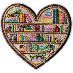 Heart Shaped Bookshelf Iron On Patches, Size 3" Bookish Patches for Clothes Backpacks Hats Jeans Bags, Reading Lovers Embroidered Patches, Iron On Fabric Patches DIY Gift for Book Lovers