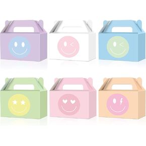 12Pcs Smile Face Party Favors Preppy Birthday Party Decorations Pastel Smile Face Gift Goodie Boxes Folding Paper Treat Candy Boxes Birthday Wedding Bachelorette Baby Shower Decor Supplies