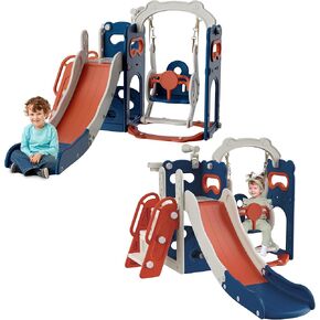 Slide for Toddlers Age 3-5 Kids Swing and Slide Set Baby Outdoor Indoor Playset with Basketball Hoop and Ball Stair Telescope Playground for Backyard