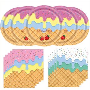 Ice Cream Napkins and Plates, Party Supplies Ice Cream Disposable Paper Plates Napkins Tableware Set for Birthday Sweet Summer Ice Party (40Pcs)