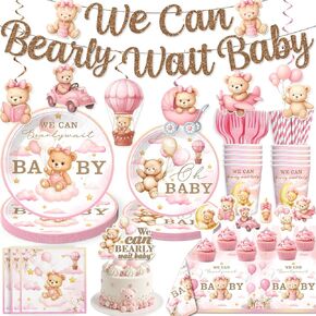 152 PCS We Can Bearly Wait Baby Shower Decorations Girl, Pink Bear Baby Shower Decorations Tableware Set, with Banner, Cake Topper, Plates and Tablecloth, Serves 20