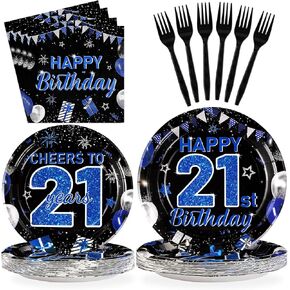 Grencian 96Pcs 21st Birthday Decorations Blue Black 21st Birthday Plates and Napkins Cheers to 21 Years Tableware Set for 21 Years Old Boys Girls Happy 21st Party Supplies, Serves 24