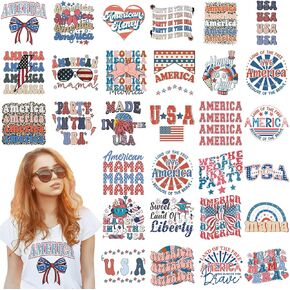 Glenmal 30 Pcs 4th of July Iron on Transfers for T Shirts Patriotic Iron on Decals Patches Appliques Retro Memorial Day Heat Transfers Sticker Ready to Press for Independence Day DIY Jacket Bag