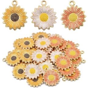 30 Pieces Alloy Enamel Sun Flower Shape Charms Lovely Daisy Flower Sunflower Dangle Pendants Craft Supplies for DIY Necklace Bracelet Earrings Jewelry Making, 3 Colors