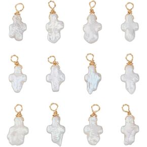 12Pcs Cultured Freshwater Pearls Charm Cross Pearl Charms Natural Pearl Pendants with Brass Loops for Earring Bracelet Necklace Jewelry Making