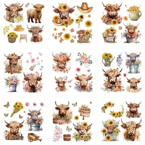 Highland Cow Stickers Cup Wraps - 9 Sheets Sunflower Rub on Transfer Stickers for Furniture Butterfly Animal Waterproof Rub on Transfers for Wood Glass Scrapbook DIY Home Decor Crafts Gifts