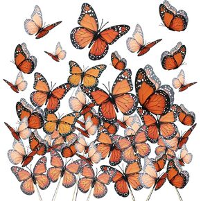 Yzurbu 24PCS Realistic Orange Monarch Butterfly Decorations – Artificial Feather Butterflies with Wire Picks and Glue Dots for Halloween, Skeleton Fairies, DIY Crafts, and Floral Arrangements