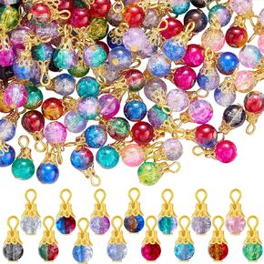 150Pcs Crystal Dangle Charms for Jewelry Making Crackle Bulk Small Cute Charms Glass Beads Pendants with Silver Gold Caps for Earring Necklace Bracelet DIY Supplies