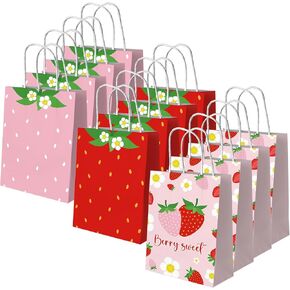 Dydamud Strawberry Paper Bags, 12 Pack Strawberry Goodie Bags With Handles, Strawberry Paper Party Favor Bags For Kids Birthday, Baby Shower, Strawberry Candy Bags for Strawberry Party Decorations