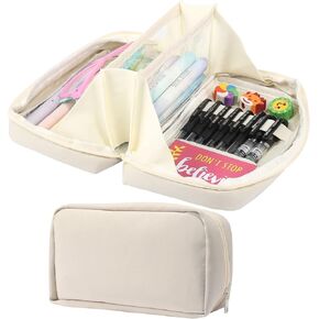 ONEDONE High Capacity Pencil Case Large Storage Pen Pencil Pouch Pencil Bag 3 Compartments Pencil Box Organizer Cases Asthetic School Supplies for Teen Girs Cream