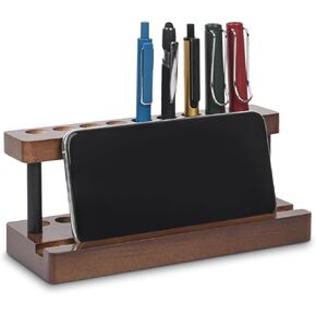 Wooden Pen Holder for Desk, Wood Pencil Holder Fountain Pens Display Stand with 9 Slots and Phone Holder, Stylish Office Desk Decor, Pen Organizer for Office, Home