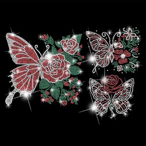 SUPERDANT Butterfly and Roses Iron on Rhinestones Transfer Bling Rhinestone Decals Butterfly and Flowers DIY Crystal Hotfix Transfer Stickers for Clothing T-Shirt Hoodies Art Decor Gifts