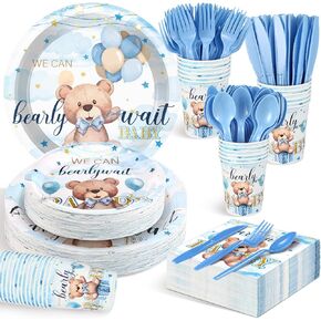 Sliner 175 Pcs Bear Baby Shower Paper Plates Set Baby Shower Party Supplies Serves 25 Tableware Sets Include Plates Napkin Cups Forks Knives Spoons Disposable Dinnerware for Wedding Birthday