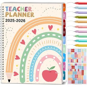 11PCS 2025-2026 Teacher Planner Notebook with 10 Pens&Section Lesson Book Daily Weekly Monthly 8.5"x11" Organizer Spiral Bound Stickers, Dated Calendar, Pocket Folder, Page Tab(Smile Face)
