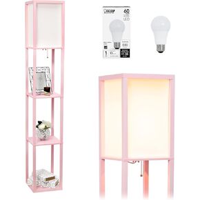 Simple Designs LF1014-LPK-LB Three Shelf Etagere Organizer Storage Floor Lamp with White Linen Shade for Living Room, Bedroom, Office, Hallway, Light Pink, with Feit LED Bulb Included