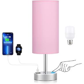 Dicoool Pink Touch Nightstand Lamps for Girl - Small Desk Bedside Lamp with USB-C and USB Charging Ports, 3 Way Dimmable Control Table Lamp for Living Room Office, Dorm, Reading