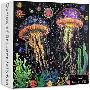 Glowing Jellyfish Puzzles for Adults 1000 Pieces，Nature Ocean Animal Puzzle Underwater Scene with Colorful Coral and Marine Life，Funny Medusa Challenging Puzzle for Adults