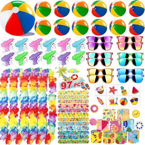 97 PCS Pool Beach Party Favors,Tropical Swimming Pool Party Favors,Summer Party Decorations with Beach Balls,Hawaiian Leis,Kids Sunglasses,for Beach Party Birthday Supplies