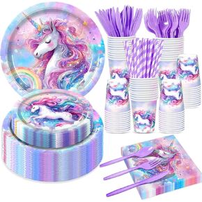 168Pcs Unicorn Birthday Decorations Plates Set,Unicorn Party Decorations Plates Napkins Cups and Purple Cutlery for 24 Guests