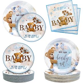 180PCS We Can Bearly Wait Baby Shower Decorations – Blue Bear Paper Plates and Napkins Set, Disposable Party Tableware Supplies for Baby Shower Birthday Party