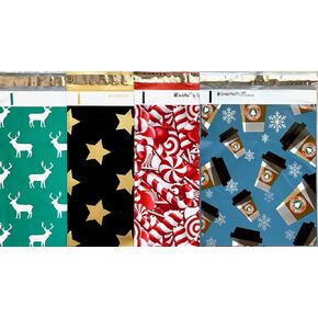 Xmas Holiday Designers Poly Mailers 10x13 : Candy Cane, Reindeer Deer Elk, Gold & Black Stars; Printed Self Sealing Shipping Poly Envelopes Bag (20 Pcs Total)