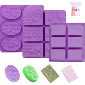 3-Pack molds, 6 Rectangular Silicone soap molds, Including Honeycomb Silicone soap molds, Suitable for Homemade Soaps, Candles and Chocolates, containing 100 3.5x5 inch Bags. (Purple)