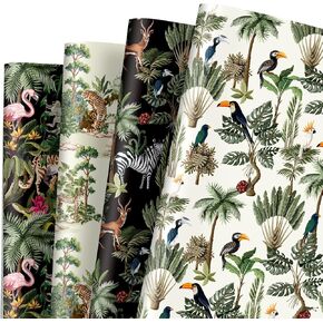 AnyDesign 12 Sheets Tropical Plants Wrapping Paper Assorted Animals Gift Wrap Paper Bulk Folded Flat 4 Designs DIY Craft Art Paper for Party Wrapping Supplies, 19.7 x 27.6 Inch
