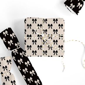 FYSUIMU Black Bow Wrapping Paper Roll, 17 In x 32.8 Ft Dark Beige Bow & Black Bowknot Double-Sided Gift Wrap Paper Retro Coquette DIY Art Craft Paper for Baby Shower Birthday Wedding Bachelorette