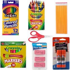 School Supply Basics - Supply Pack for Pre-school, 1st, 2nd, and 3rd Grade - Markers, Colored Pencils, Lead Pencils, Crayons, Scissors, 2 Glue Sticks, 3 Erasers