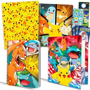 مجموعة اللوازم المدرسية Pokemon - حزمة مع 2 دفاتر حلزونية ، 2 مجلدات محفظة ، ملصقات ، المزيد | تم تعيين اللوازم المدرسية في بوكيمون للبنين والبنات والأطفال