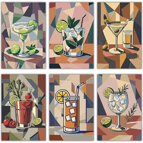 RHVQ 6 Pack Cocktail Paint by Numbers Kit for Adults Beginner (Without Frame), 7.8x11.8 Inch Color by Number Paint Kit on Canvas, Pre Drawn Canvas DIY Kits for Home Wall Decor