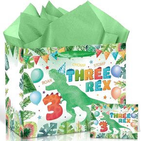 3rd Birthday Gift Bag Dinosaur 3rd Birthday Party Decorations Three Rex Dinosaur Gift Wrapping Paper Bag with Tissue Paper for Boys Dino Age 3 Year Old Party Favors Supplies