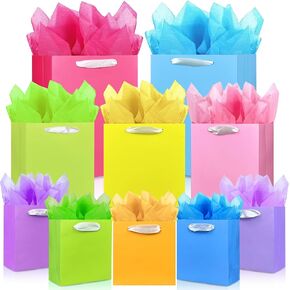 MUMULULU 10 Pack Gift Bags Assorted Sizes Colorful Paper Gift Wrap Bags with Handle and Tissue Paper for Birthday Party Baby Shower Wedding Holiday Presents