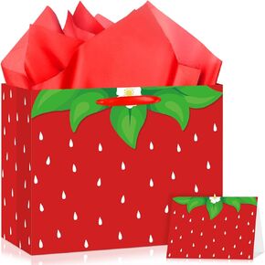 Yoirrat Strawberry 1st Birthday Gift Bag Red Berry Birthday Decorations Large Sweet One Wrapping Bag with Tissue Paper and Greeting Card for Girl Baby Shower Berry First Bday Party Supplies