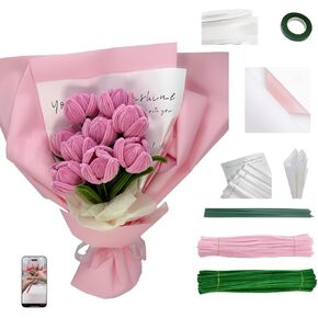 200PCS Pipe Cleaners Craft Supplies Chenille Stem Pastel Pipe Cleaner Tulip Kit with Tutorial DIY Flower Bouquet Craft Set for Art and Craft Projects Creative DIY Decorations (Colorful Tulips)