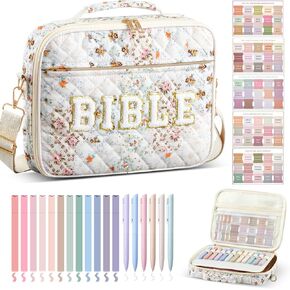 Quilted Bible Cover Case for Women 12 x 9 x 2.5 Inch Chenille Letter Bible Bag with Shoulder Strap Book Carrying Bags with Tabs 6 Colored Pens 12 Highlighters Christian Church Study Gifts Floral