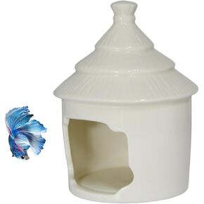 Saim Cute Aquarium Decorations Ceramic Palace Pagoda Shaped House Thematic Betta Fish Tank Accessory Decor Ornament Hideout Cave for Fish Playing or Hiding - White