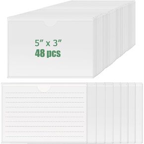 ZUFECY 48-Pack Adhesive Label Pockets, 3 * 5 Inches Clear Label Holder, Plastic Index Card Pockets with Top Open, Organizing Bins Box Drawer
