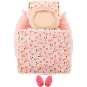 Skylety 4pcs Pink Bedding Set for 17cm Doll Include Mattress Pillow Blanket and Slippers Accessories Bed House Furniture Heart Cherry Crown Capybara Designs (No Doll, Cherry Pattern)